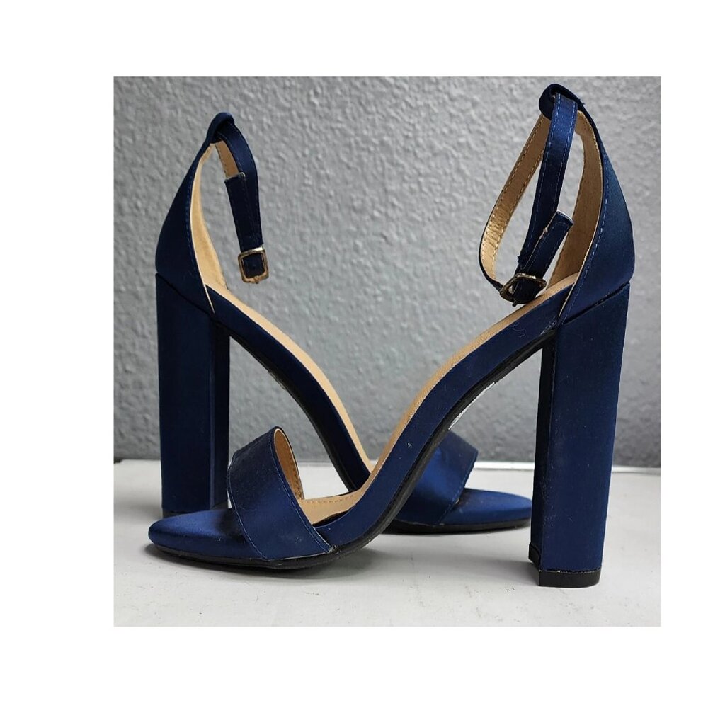 Moda Chics Women's High Chunky Block Heel Pump Dress Sandals Navy Satin 7.5 - Picture 4 of 6